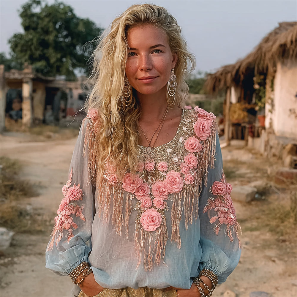 Comstylish Boho Fringe Floral Embroidery Art Women's Long Sleeve Shirt