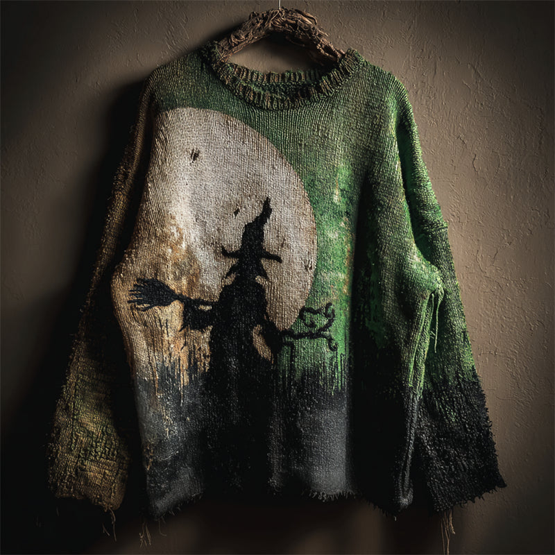 Halloween Night Witch Silhouette Dyed Cozy Knit Sweater elevenforest
