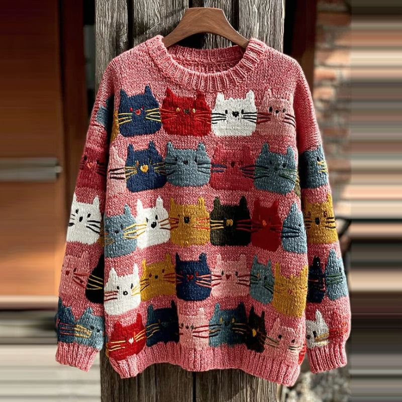 Women's Colorful Cats Pattern Art Cozy Knit Sweater artswardrobe