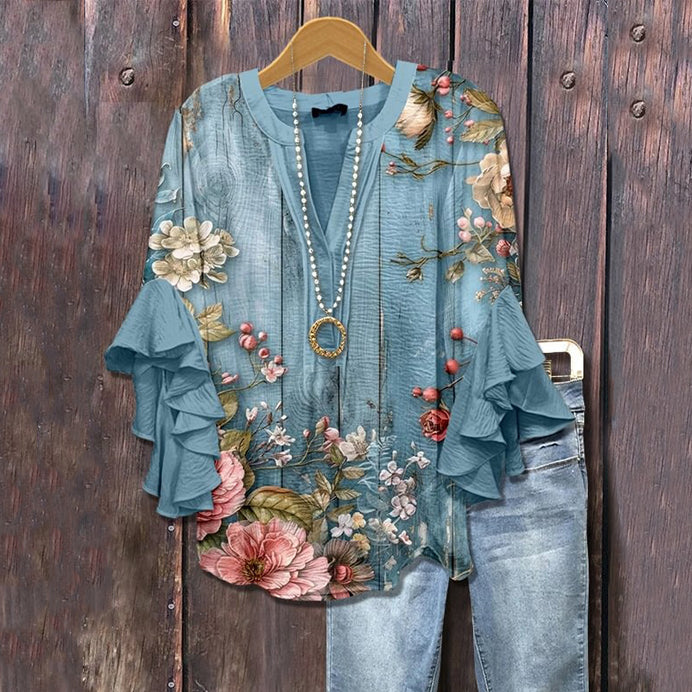 Comstylish Vintage Floral Print V-neck Ruffle Blouse