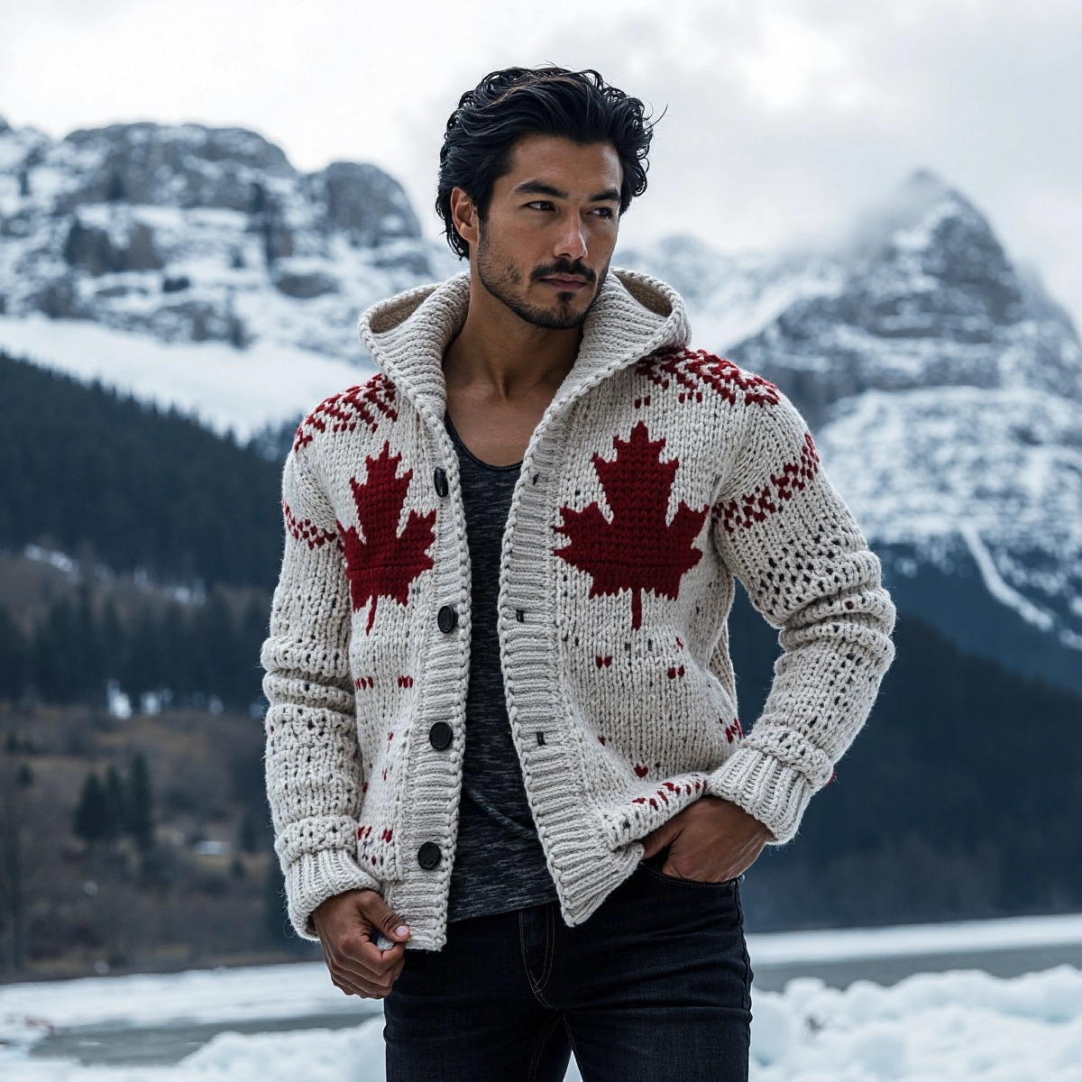 Men's Maple Leaf Knit Pattern Zip Hooded Sweater artswardrobe