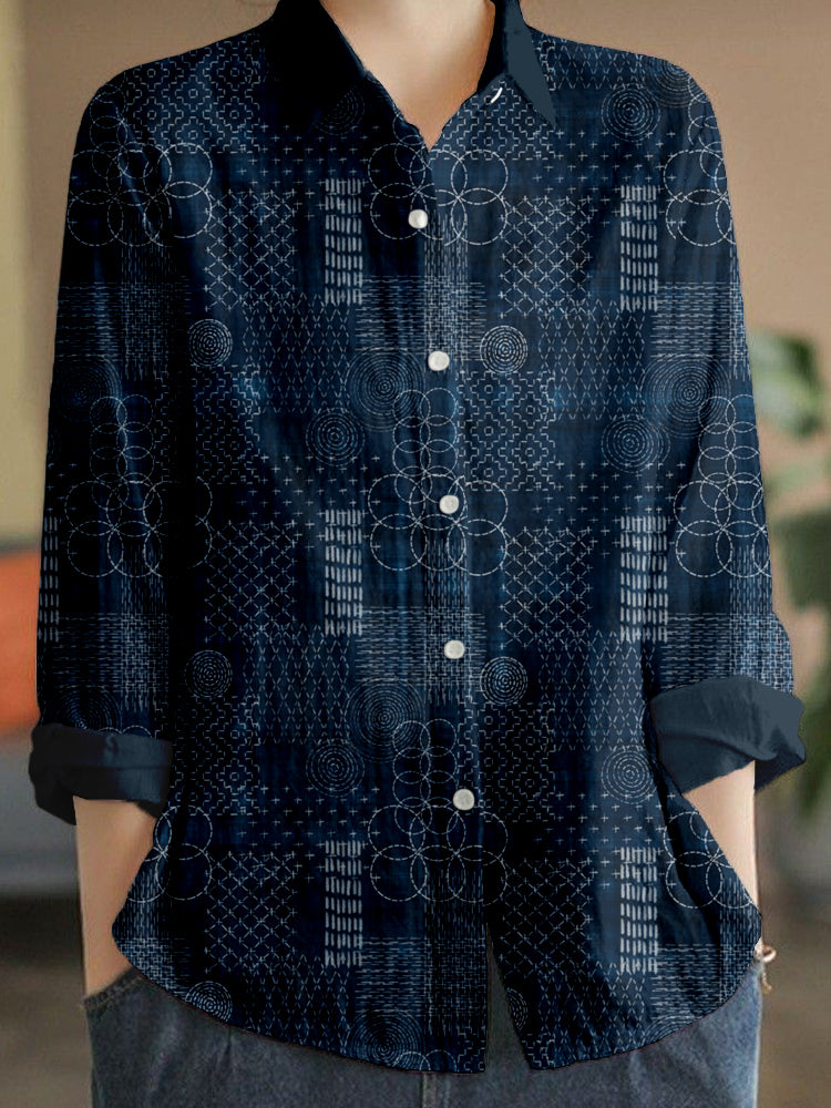 Comstylish Japanese Boro Sashiko Art Linen Blend Cozy Blouse
