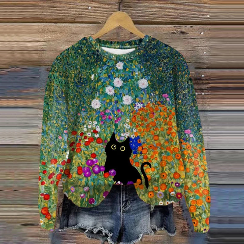 Women's Gustav Klimt Garden Cat Print Sweatshirt elevenforest