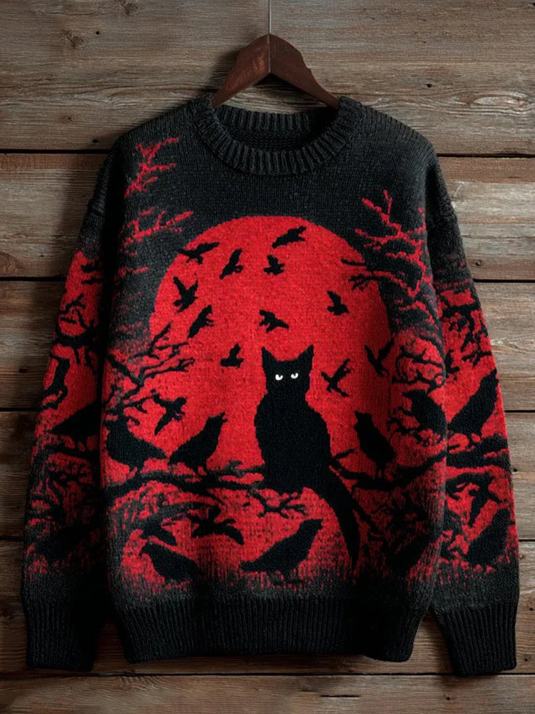 Men's Halloween Black Cat Crow Art Print Sweater artswardrobe