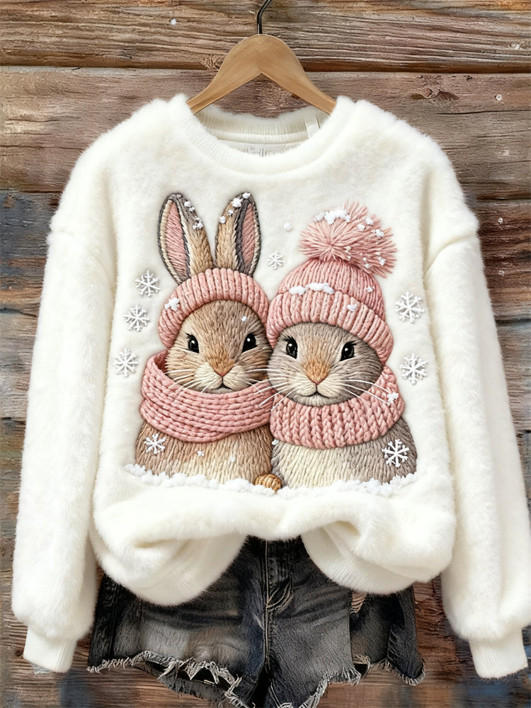 Comstylish Winter Bunnies Snowflakes Embroidered Cozy Plush Sweatshirt