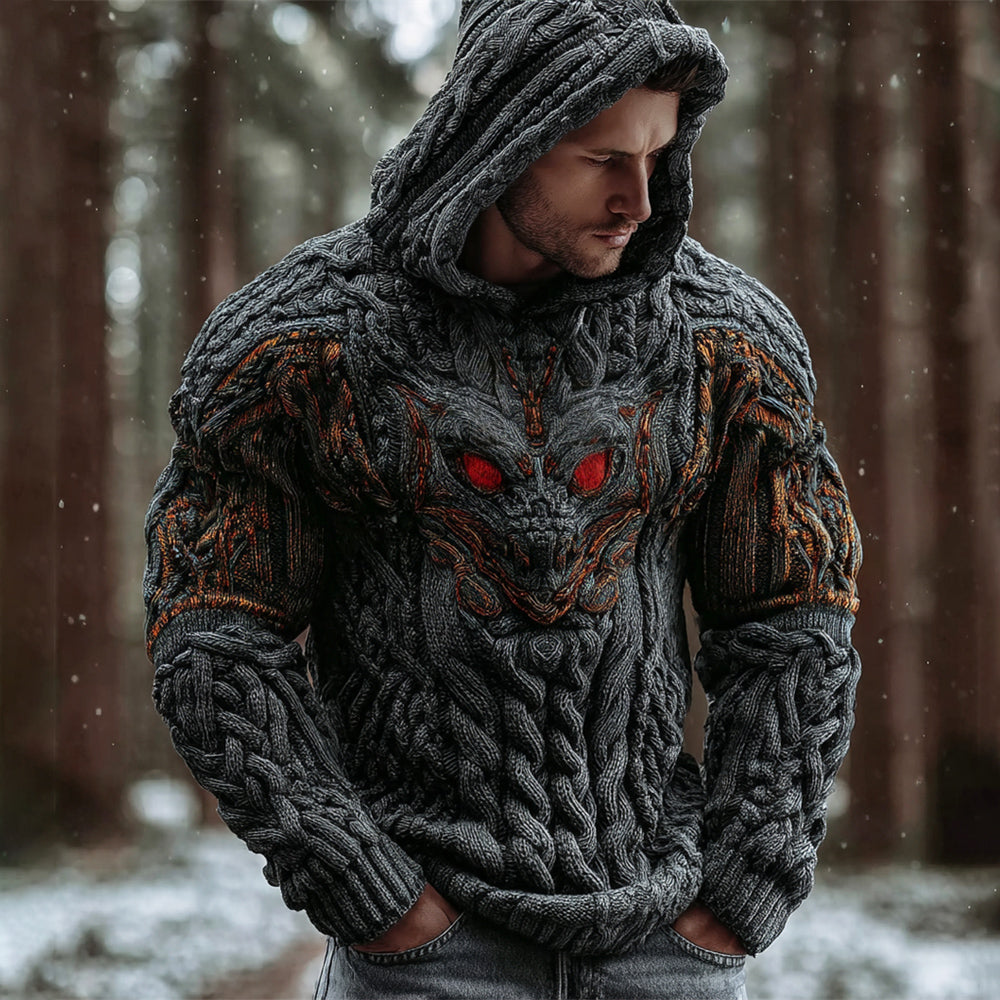 Halloween Red Eye Bat Men's Chunky Knit Hooded Sweater artswardrobe