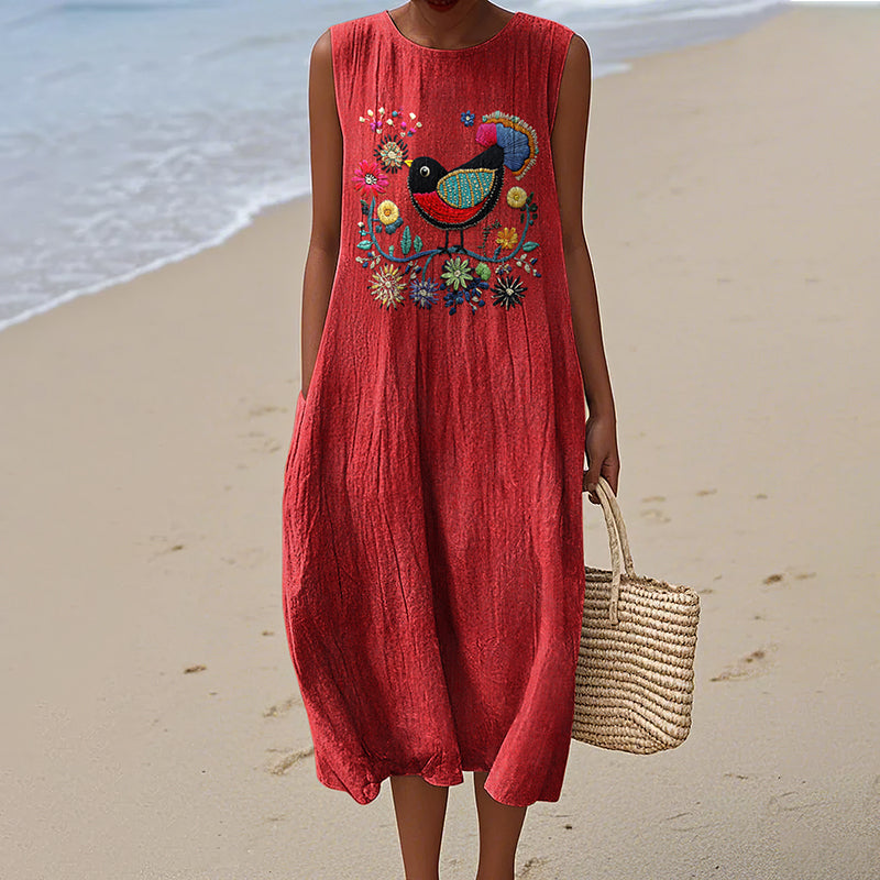 Women's Flower And Bird Embroidery Art Round Neck Tank Midi Dress artswardrobe