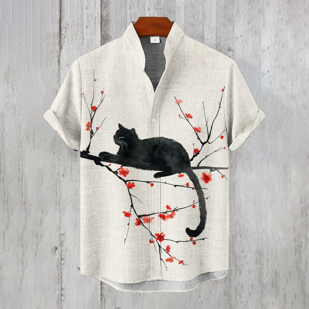 Japanese Cat & Plum Print Men's Short Sleeve Shirt elevenforest
