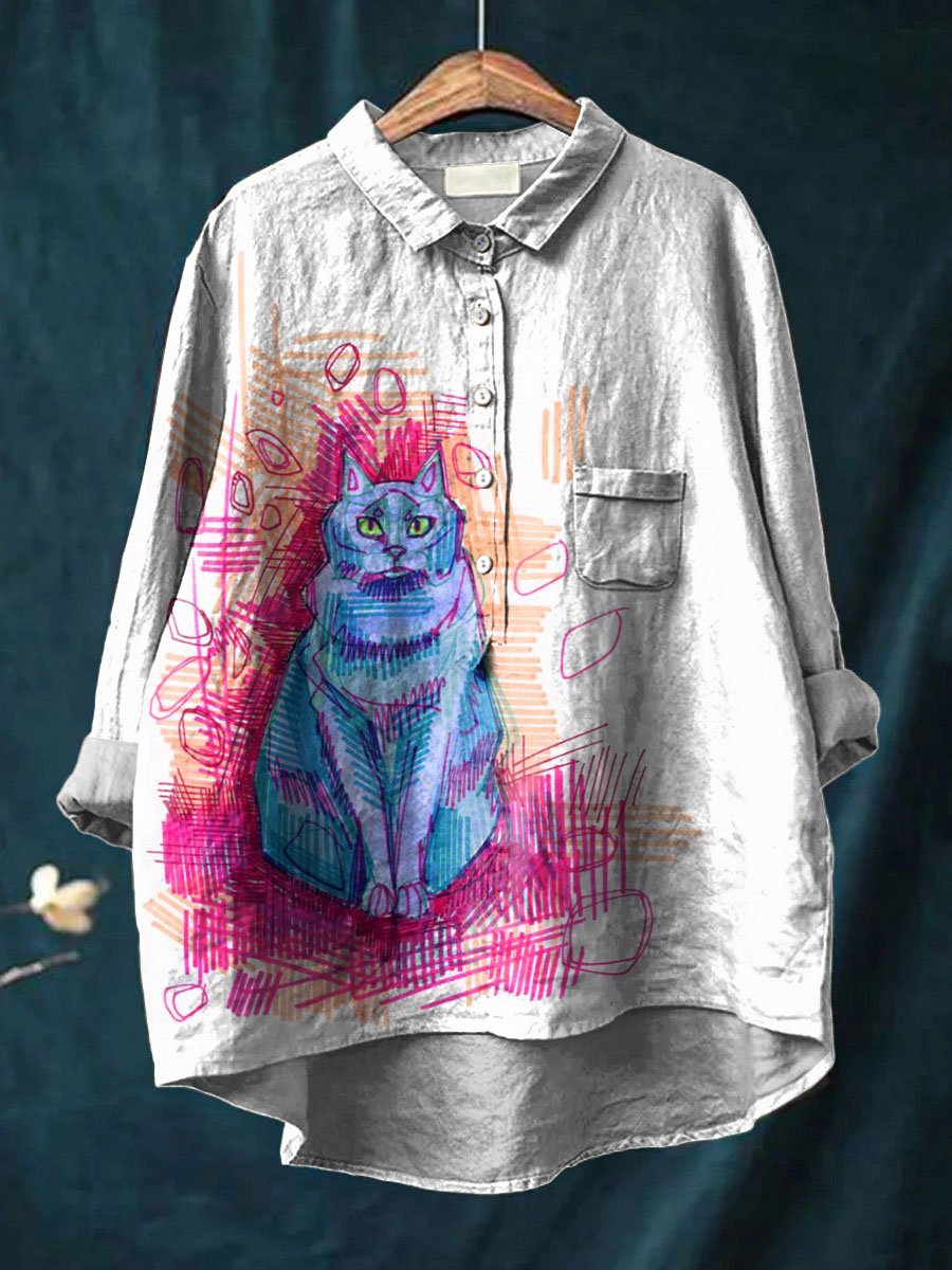 Vintage Funny Cat Art Print Casual Cotton And Linen Shirt