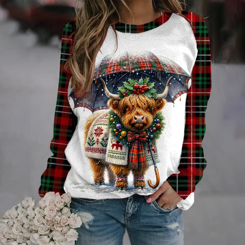 Comstylish Women's Christmas Highland Cow Print Sweatshirt