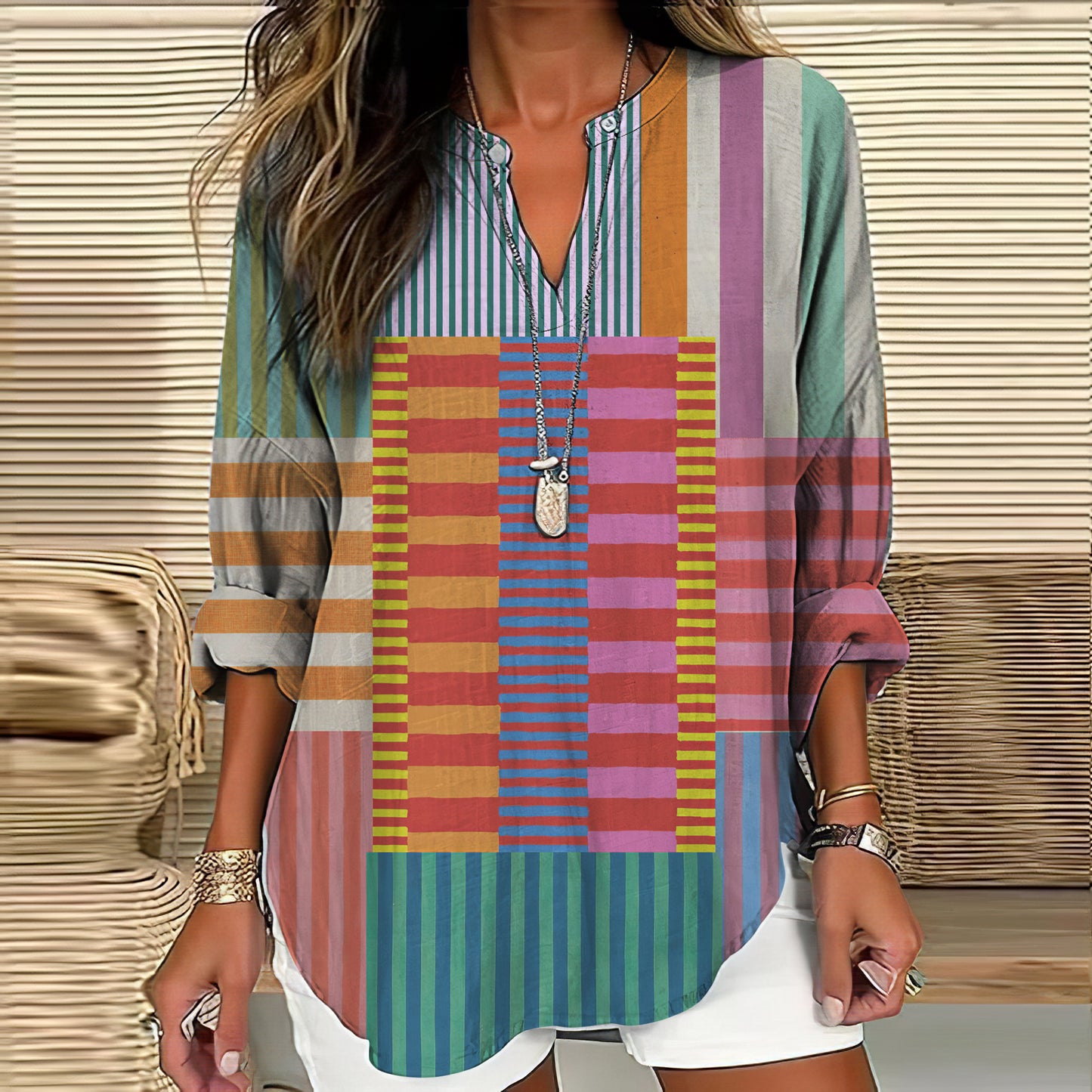 Comstylish Vintage Geometric Abstract Art Women's Linen V-neck Long Sleeve Shirt