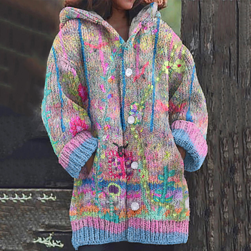 Vintage Floral Print Long Sleeve Knitted Hooded Cardigan artswardrobe