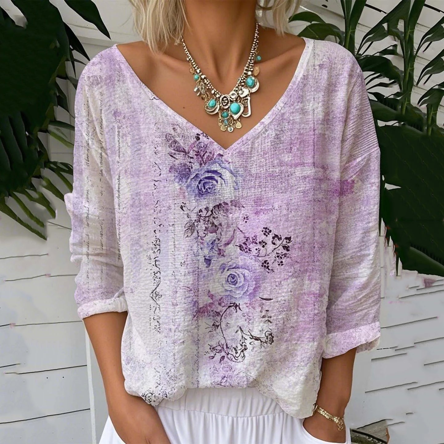 Women's Vintage Floral Print V-neck Loose Linen Blend T-shirt artswardrobe