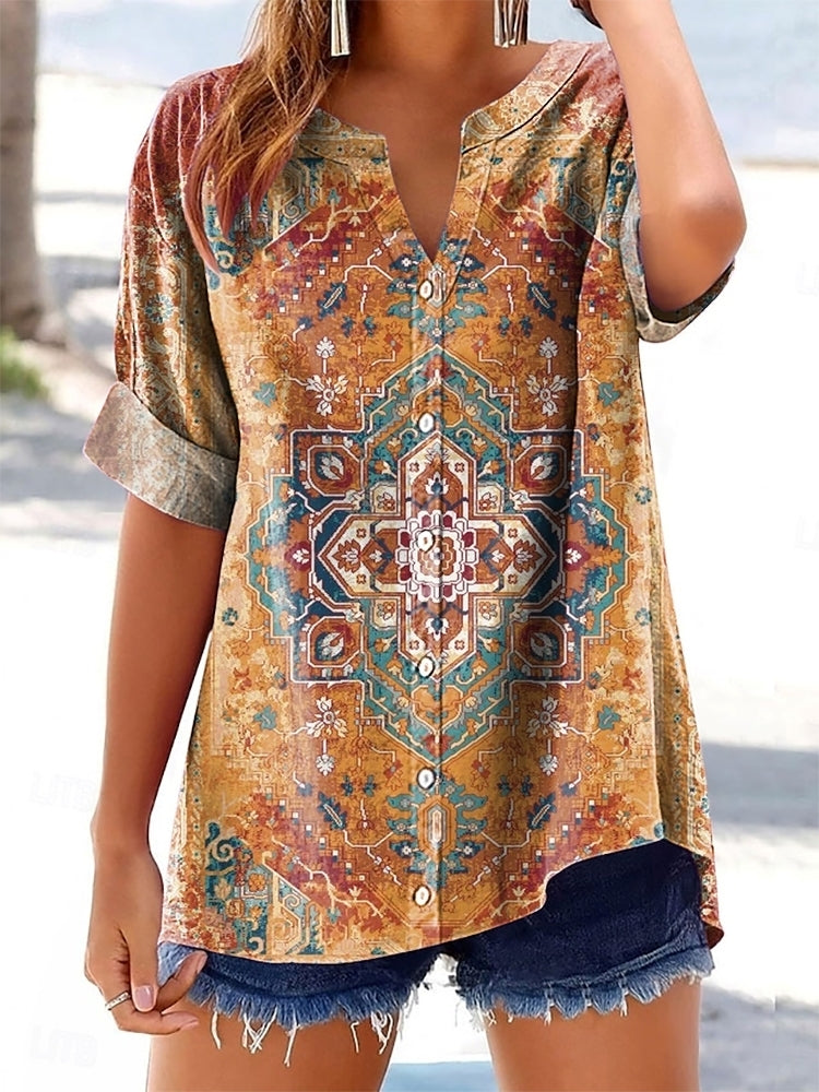 Women's National Totem Art Print Casual Cotton And Linen Short Sleeve