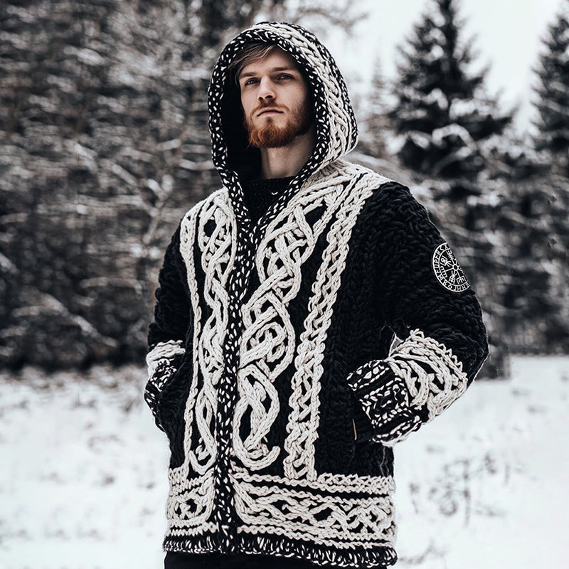 Men's Viking Tribal Celtic Jacquard Chunky Knit Zipper Hooded Cardigan elevenforest