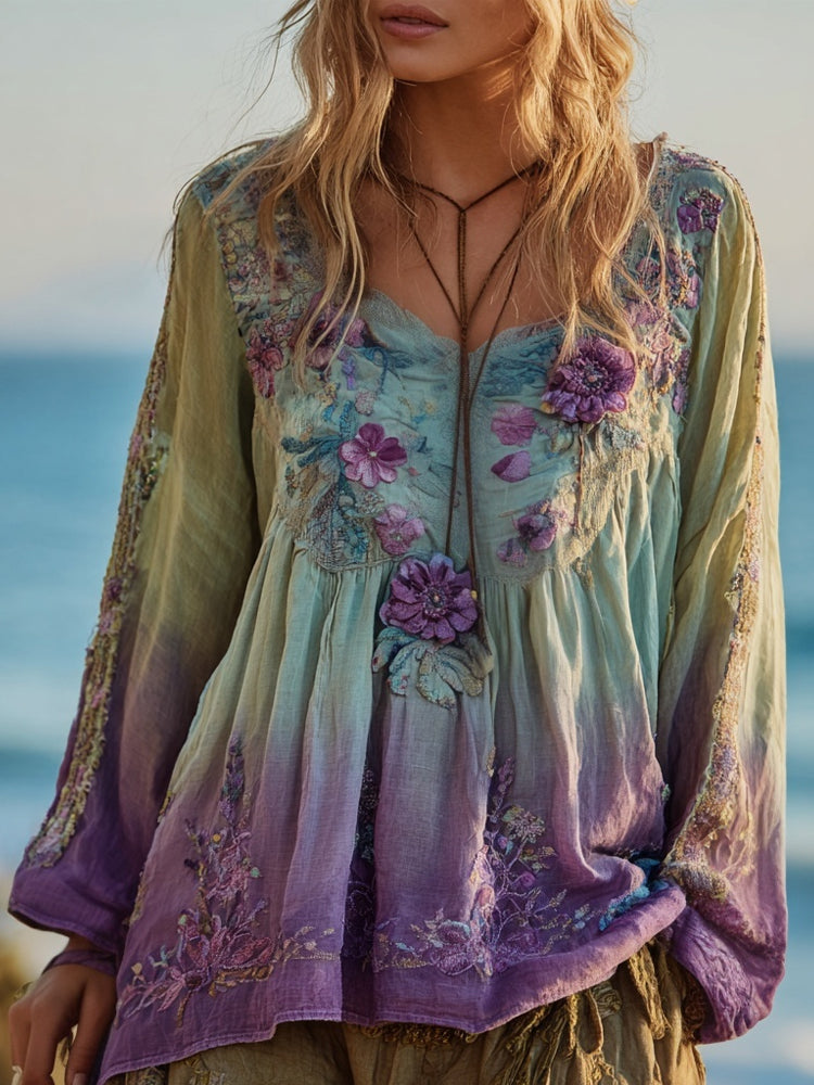 Vintage Purple Flowers Embroidered Gradient Linen Tunic artswardrobe