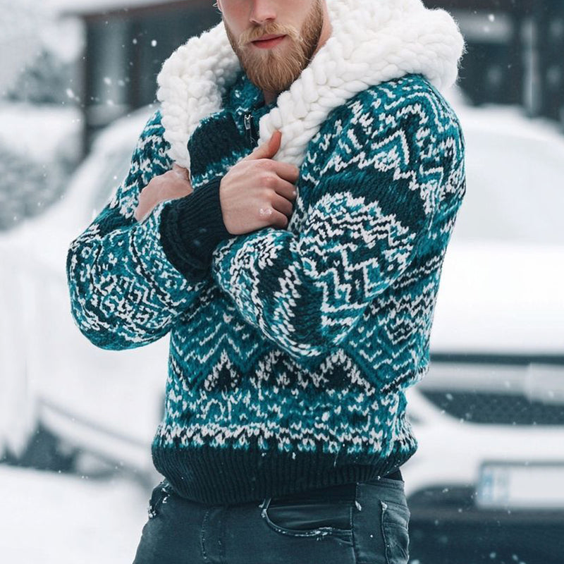 Men's Vintage Fairman Island Jacquard Warmth Pattern Zip Up Collar Sweatshirt elevenforest