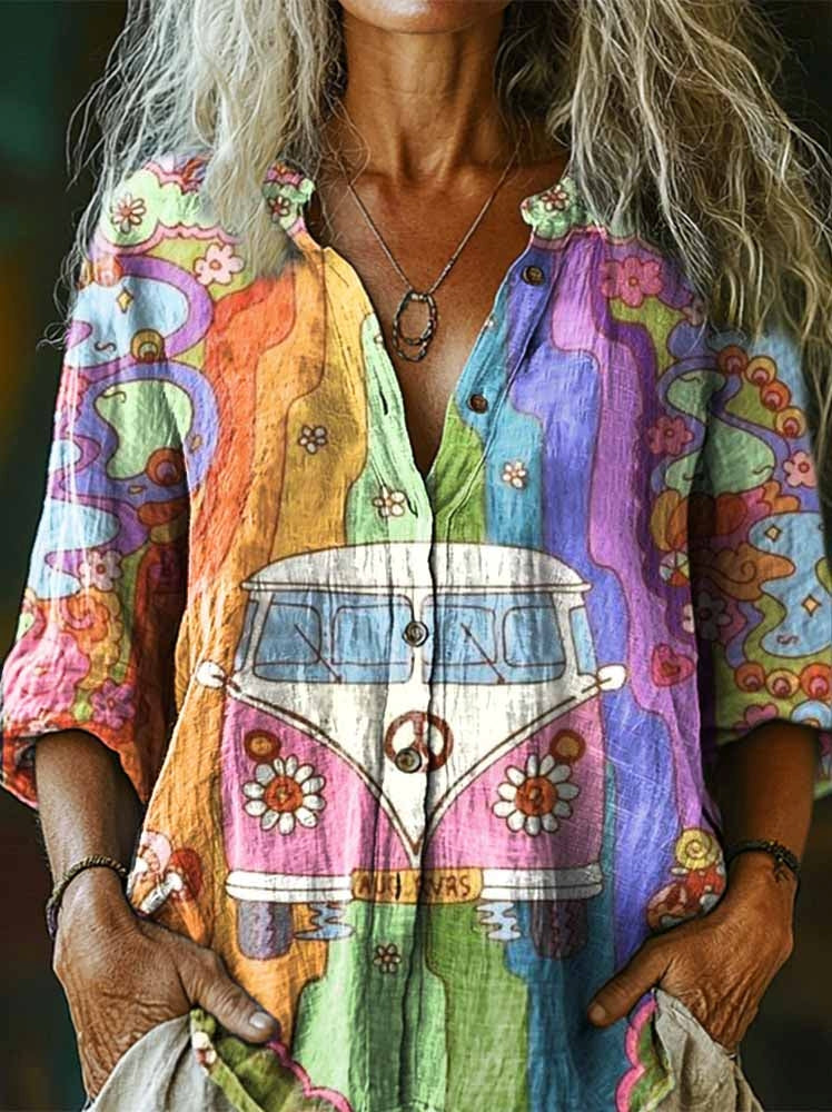 Women's Hippie Peace Love Car Art Pattern Print Casual Cotton Linen Sh