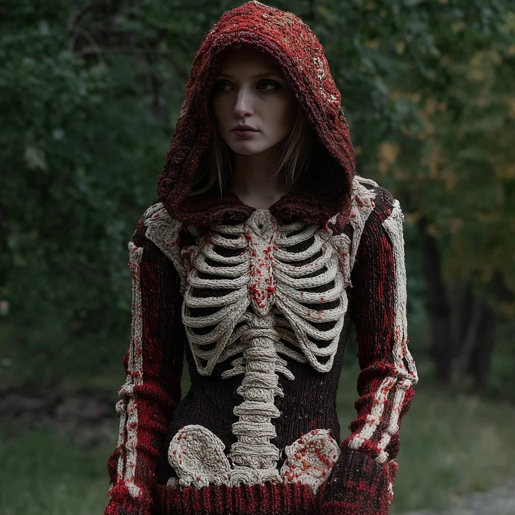 Halloween Bloody Skeleton Cozy Knit Hooded Sweater artswardrobe