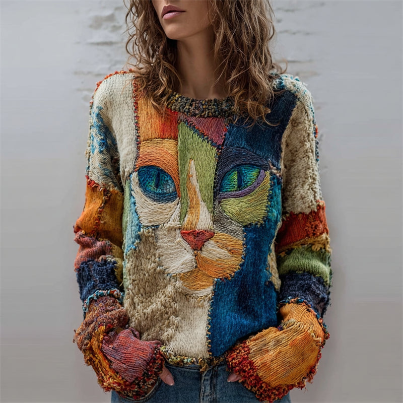 Comstylish Vintage Cat Face Colorblock Patchwork Cozy Knit Sweater