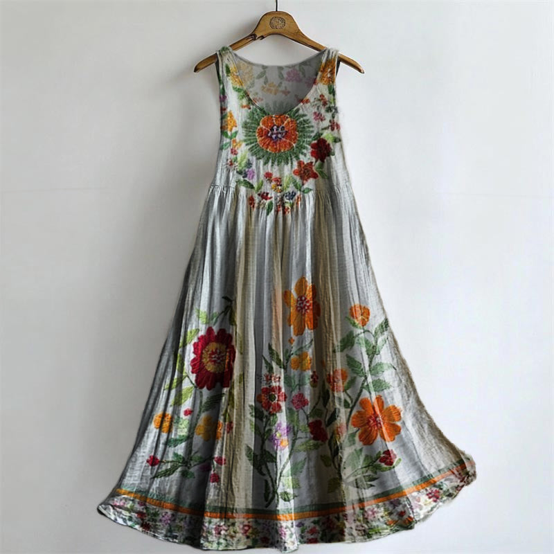 Vintage Floral-embellished Patterned Art Print Round Neck Sleeveless C