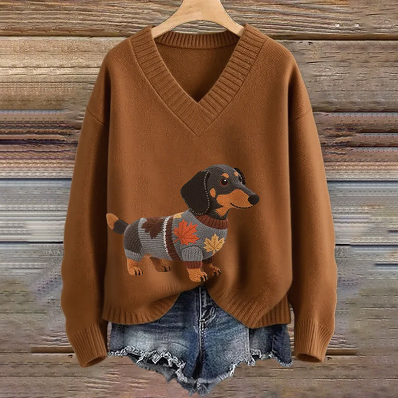 Vintage Dachshund Felt In Gradient Art Inspired Embroidered Cozy Knit Sweater artswardrobe
