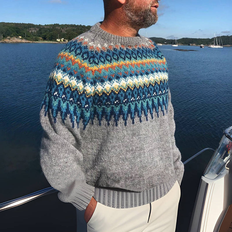 Contrasting Blue And Gray Geometry Icelandic Pullover Sweater elevenforest