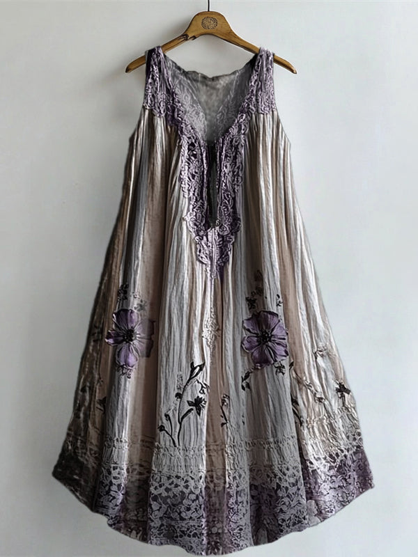 Women's Vintage Lace Floral Art Print V-neck Pocket Cotton Dress
