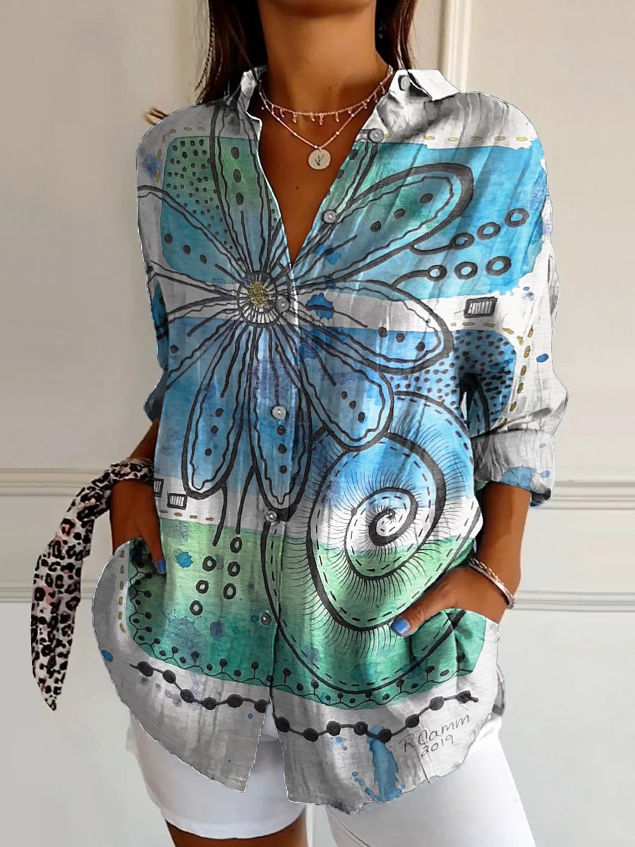 Women's Art Painting Contrast Floral Vintage Print Stand Collar Long S