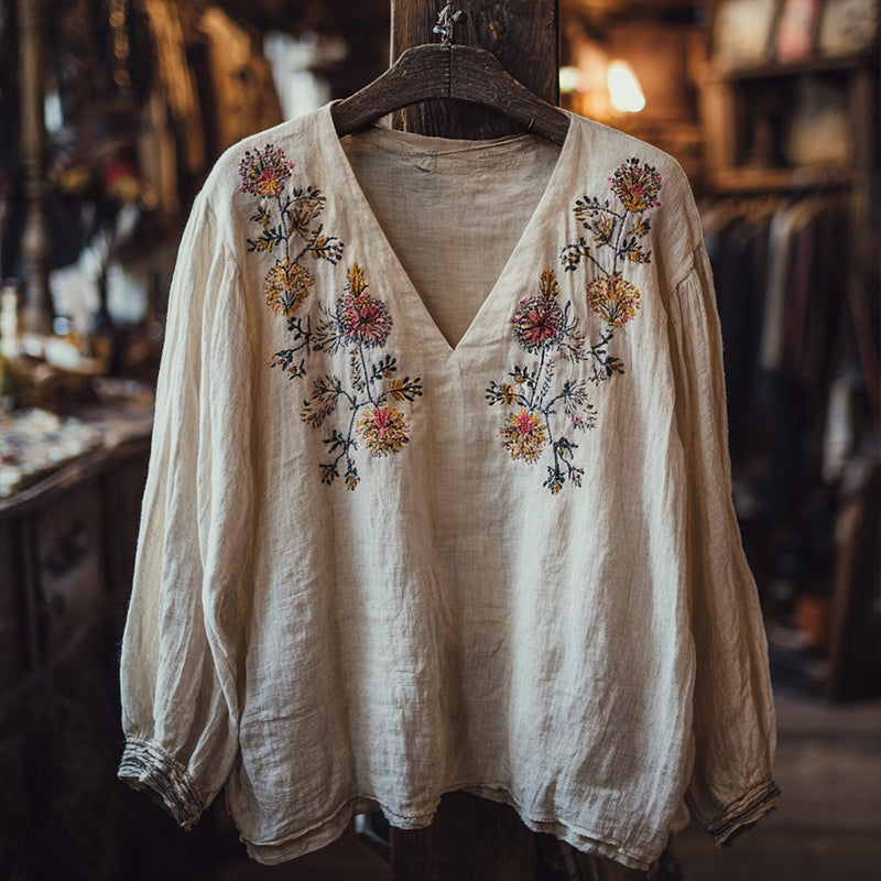 Women's Vintage Bohemian Embroidered Casual Linen Top elevenforest
