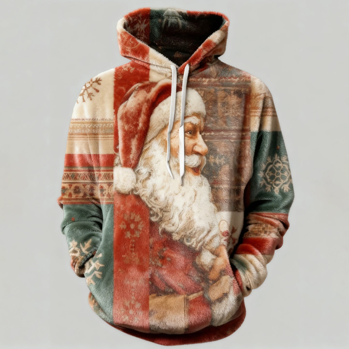 Comstylish Retro Santa Claus Men's Flannel Color Block Hoodie