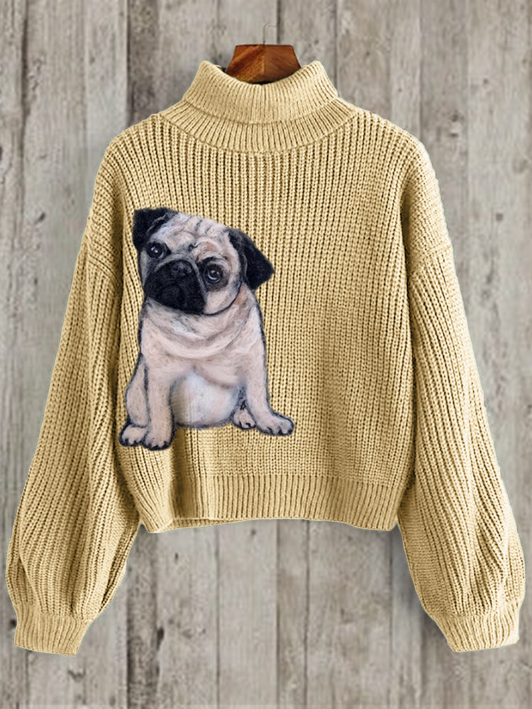 Comstylish Lovely Pug Dog Felt Art Cozy Turtleneck Sweater