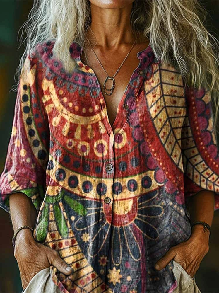 Women's Vintage Boho Ethnic Floral Art Print Casual Cotton Linen Shirt