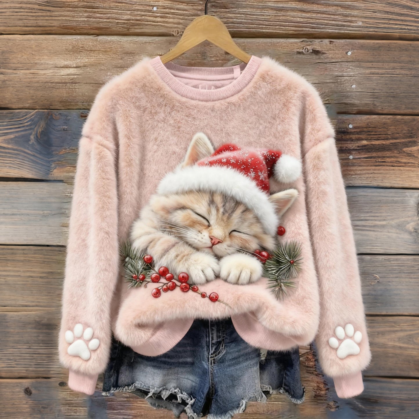 Comstylish Christmas Cute Cat Art Plush Pattern Sweater