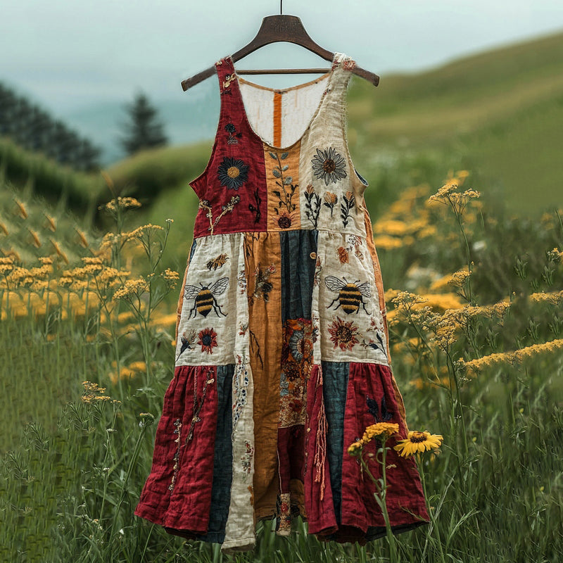 Insect Bee Wildflower Floral Embroidery Art Linen Tank Dress artswardrobe