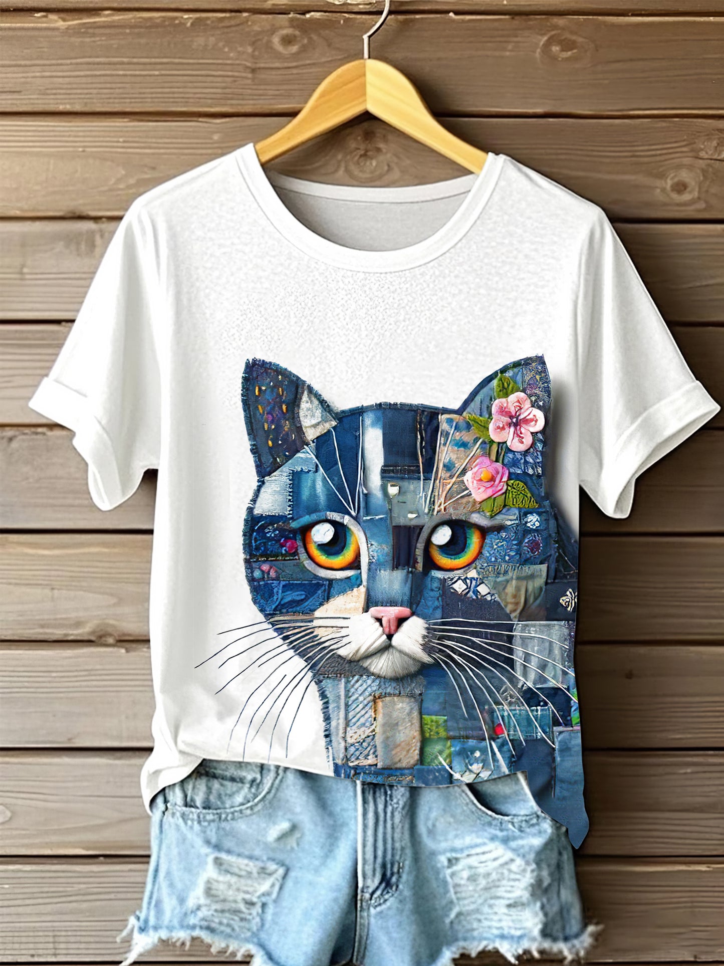 Comstylish Women's Denim Cat Portrait Art Print Short Sleeve Casual T-shirt