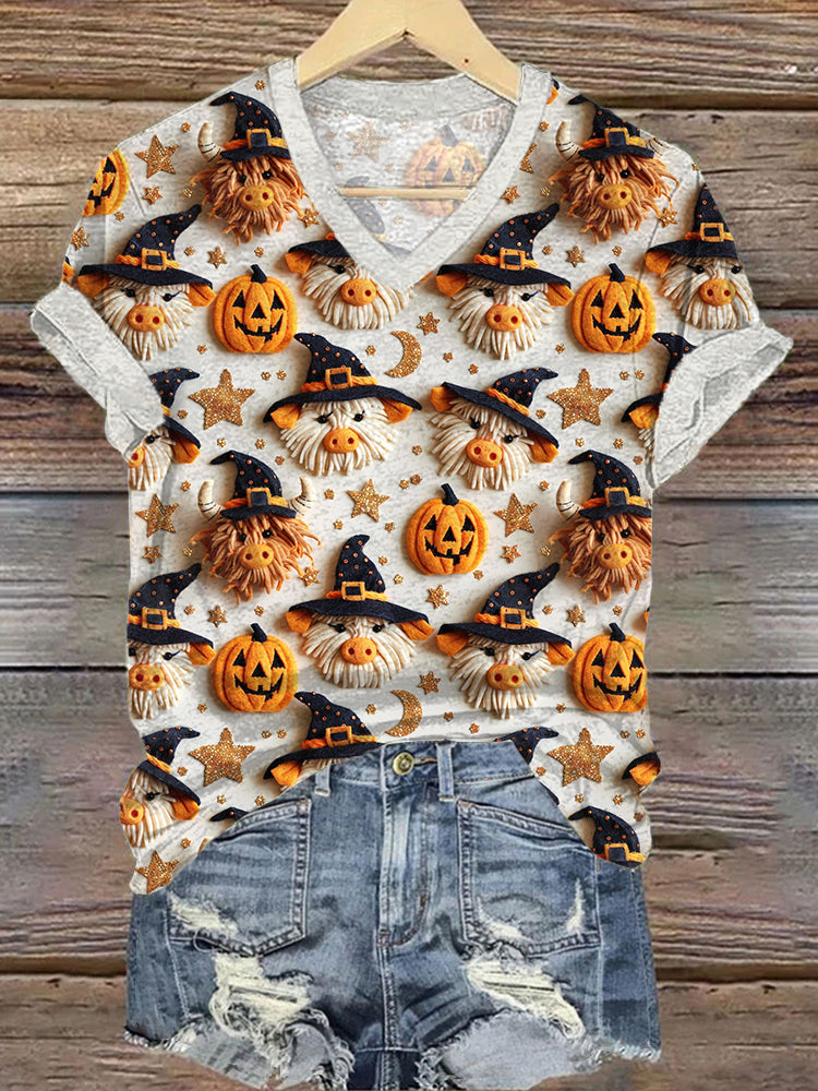 Highland Cow Pumpkin Pattern V-Neck T-Shirt artswardrobe