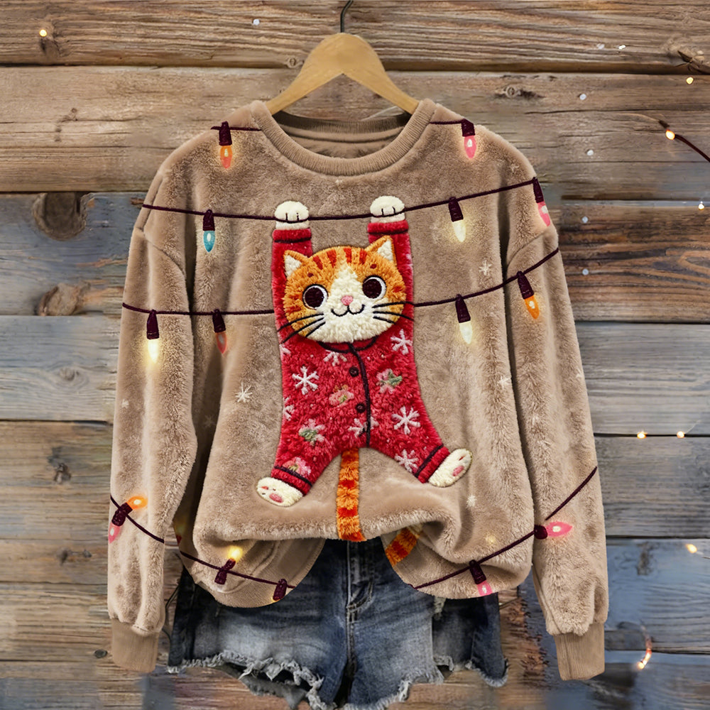 Comstylish Cute Christmas Lights & Cat Embroidered Cozy Plush Sweatshirt