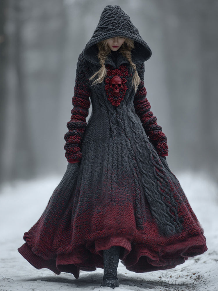 Women's Vintage Halloween Skull Ombre Hooded Sweater Dress artswardrobe