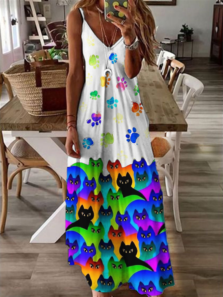 Colorful Cats & Paw Prints V Neck Cami Maxi Dress elevenforest