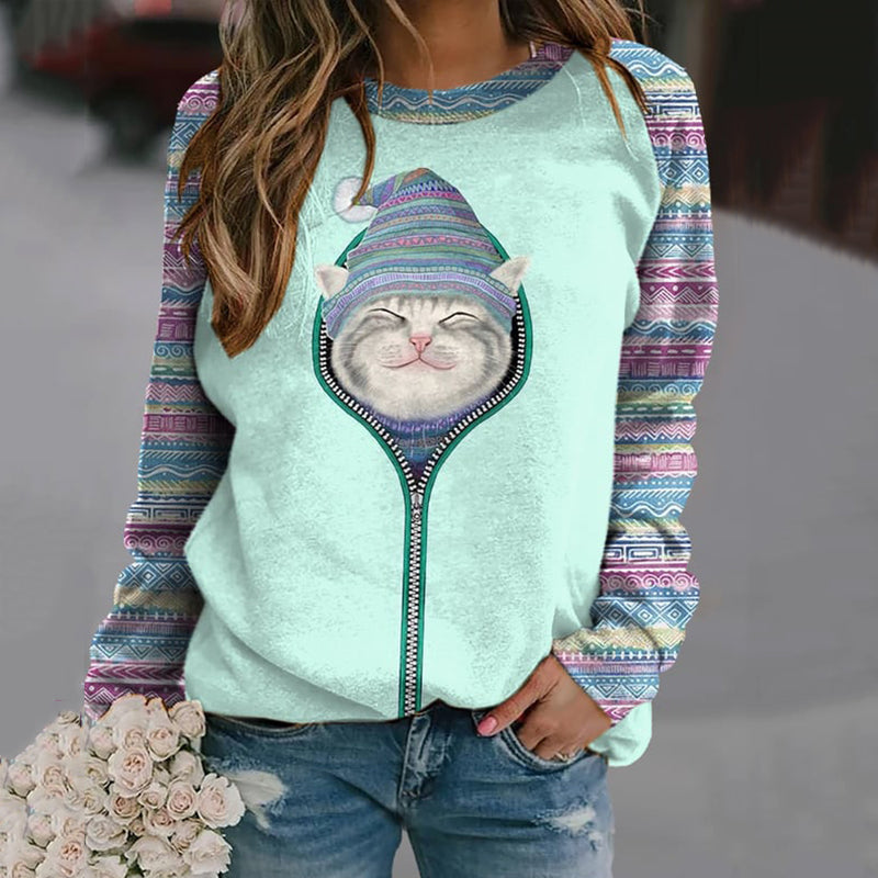 Women's Cat Print Crew Neck Sweatshirt elevenforest