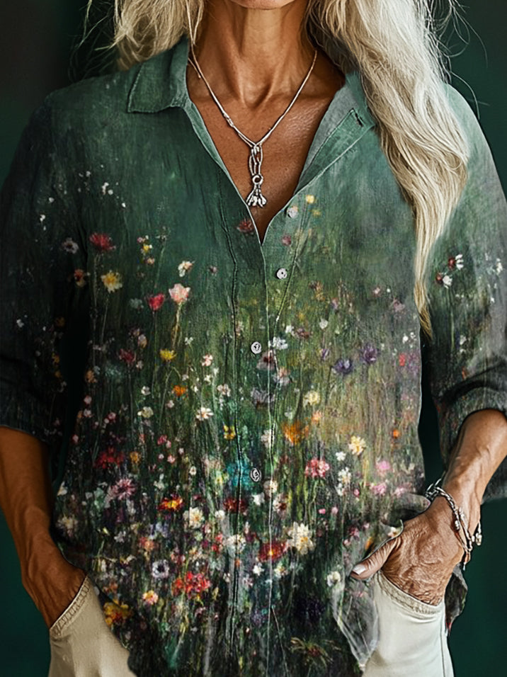 Women's Vintage Floral Art Print Casual Cotton Shirt