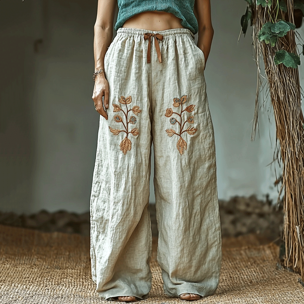 Bohemian Holiday Style Retro Linen Bohemian Leaf Ethnic Totem Print Linen Long Loose Wide-leg Pants artswardrobe