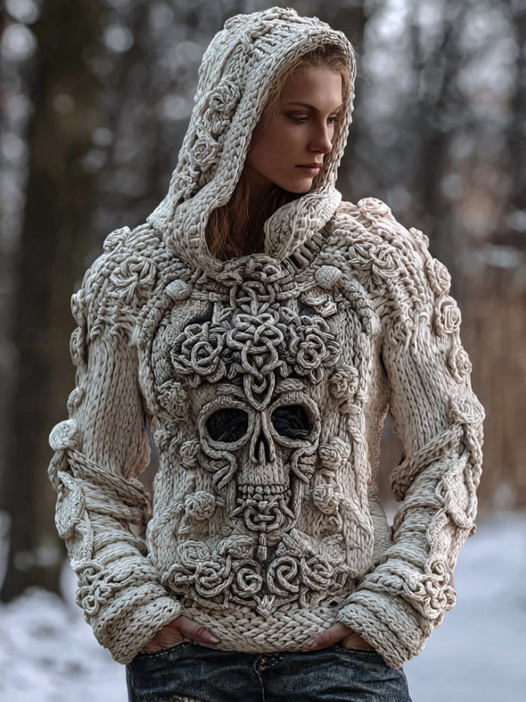 Women's Viking Skull Knitted Hooded Sweater artswardrobe