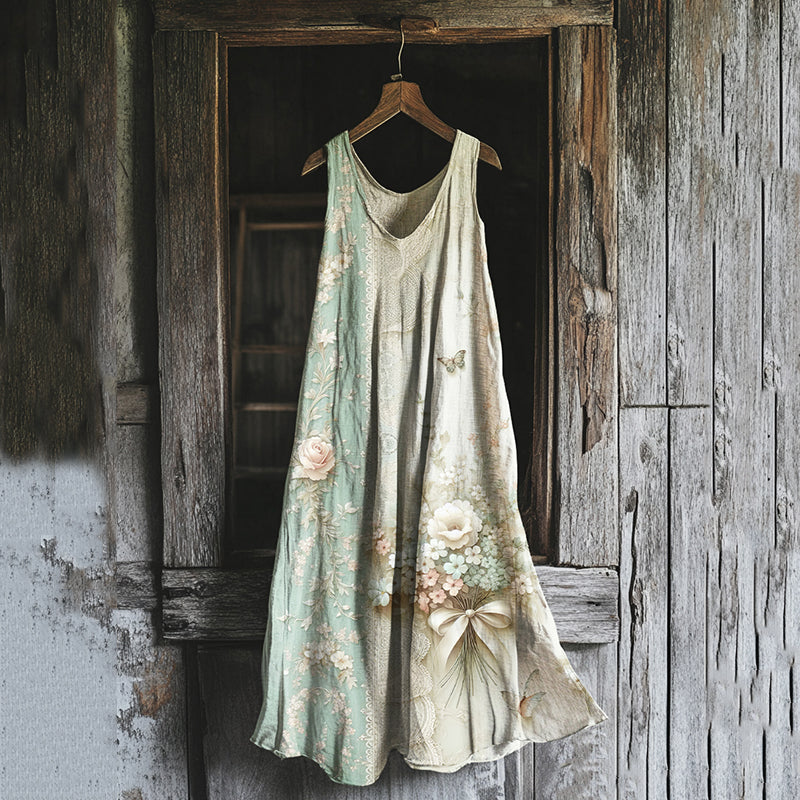 Women's Vintage Floral Art Cotton And Linen Sleeveless Dress artswardrobe