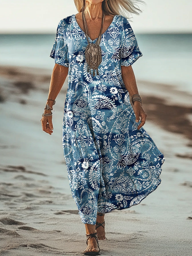 Women's Art Floral Hippie Vintage Print V-Neck Short Sleeve Dress