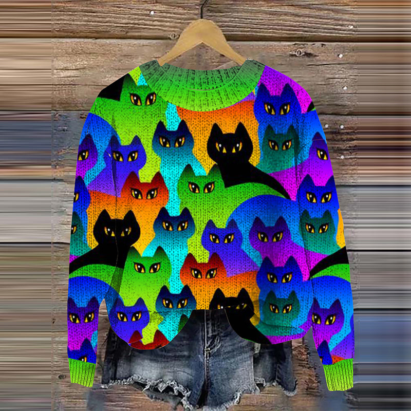 Rainbow Cats World Embroidery Pattern Cozy Knit Sweater elevenforest