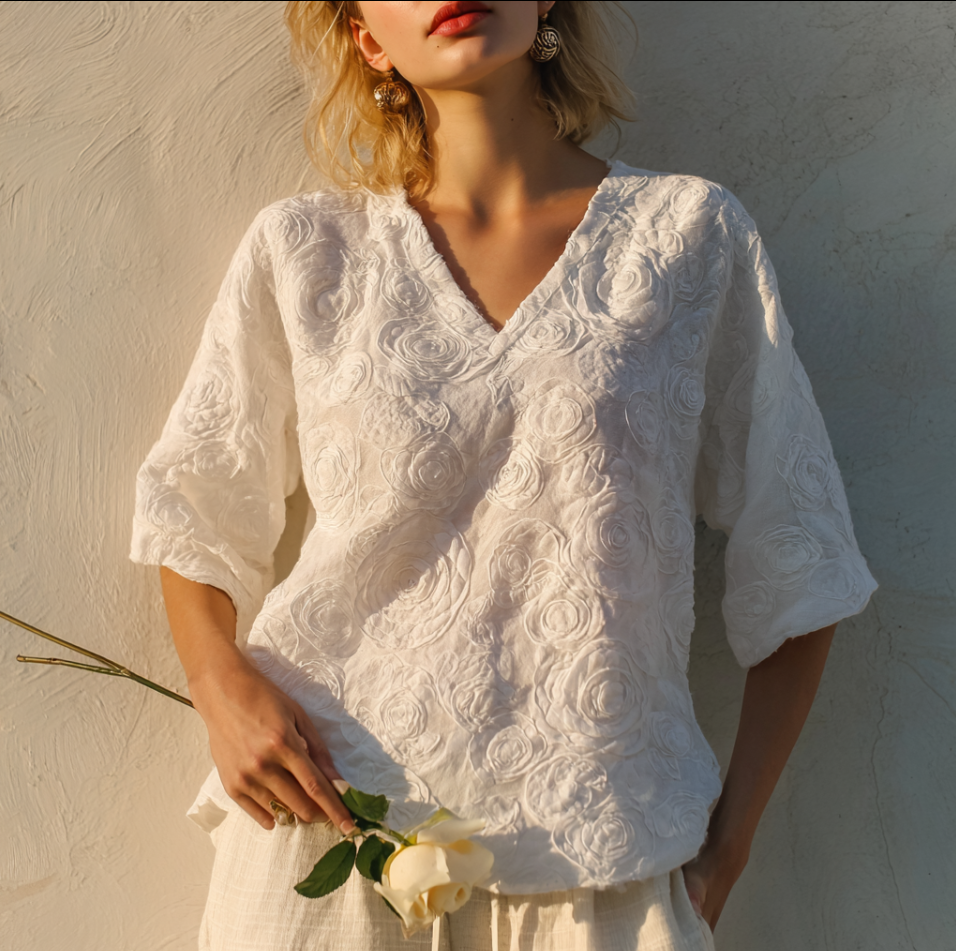 Bohemian Style Woman's V-neck White Rose Short-sleeved Shirt artswardrobe