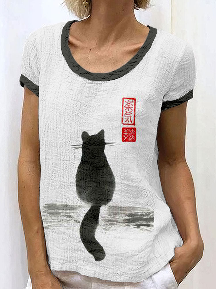 Japanese Cat Art Linen Blend Cozy Shirt elevenforest
