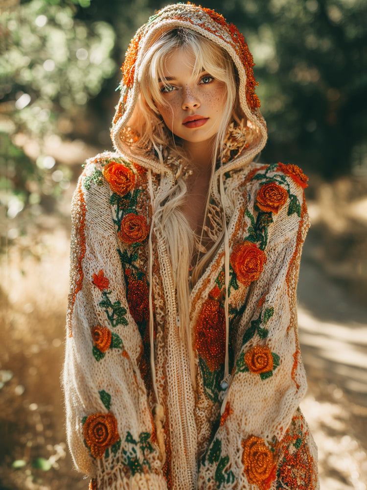 Fall Vintage Floral Embroidery Women's Hooded Zipper Sweater artswardrobe